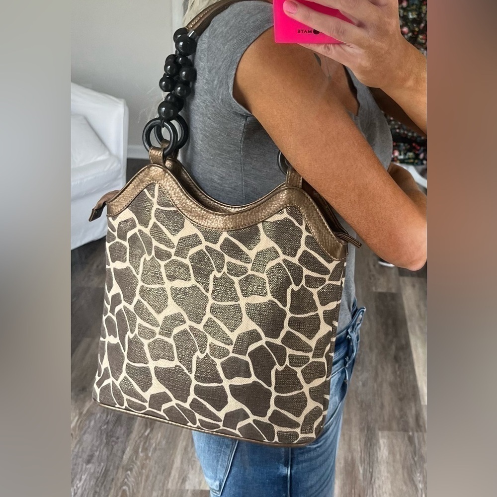 Bueno of California giraffe print wooden beaded handles purse bag satchel